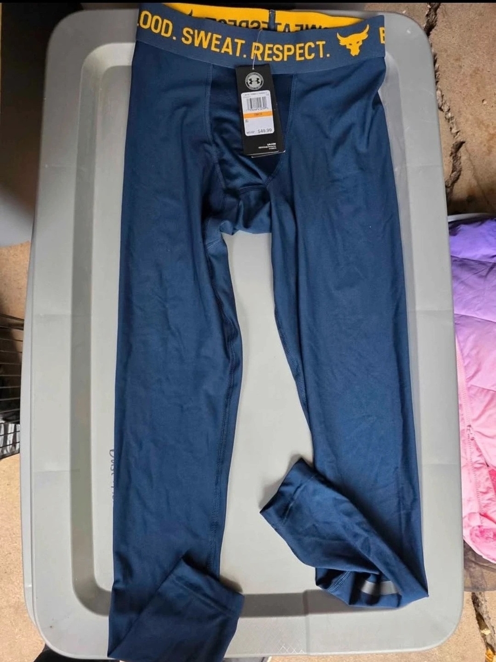 Under Armour Navy Compression Leggings with Yellow Waistband Text